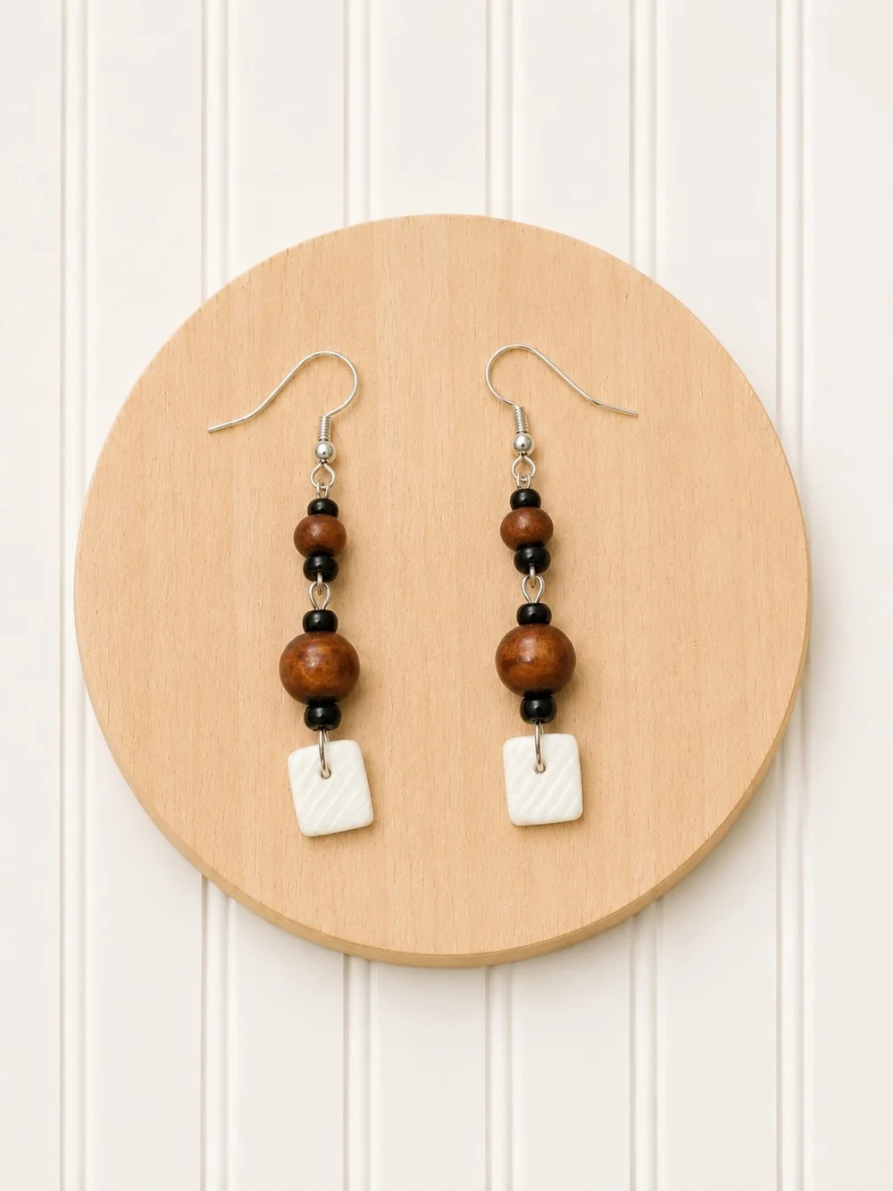 Handmade Brown Wood Bead & White Shell Square Drop Earrings